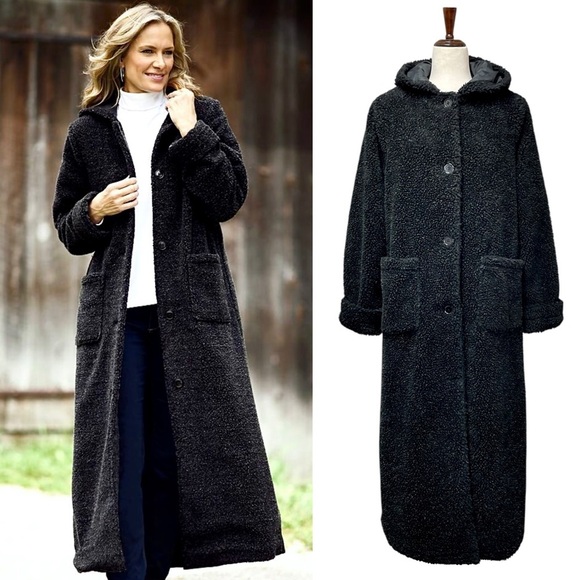 Anthony Richards Button Front Hooded Longline Black Berber Coat Size Med